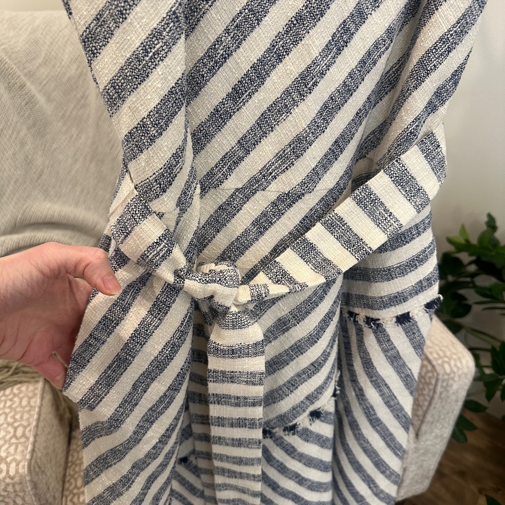 Banana Republic Striped Tweed Belted Dress Size 10 Navy Cream Fringe Midi - Picture 5 of 7
